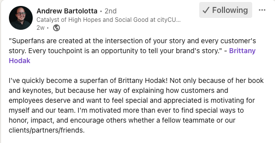 Audience Testimonial from Andrew Bartolotta on behalf of Brittany Hodak