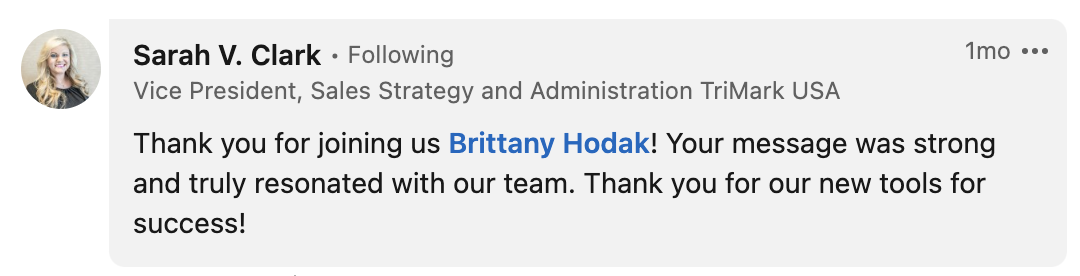 Audience Testimonial from Sarah V. Clark on behalf of Brittany Hodak